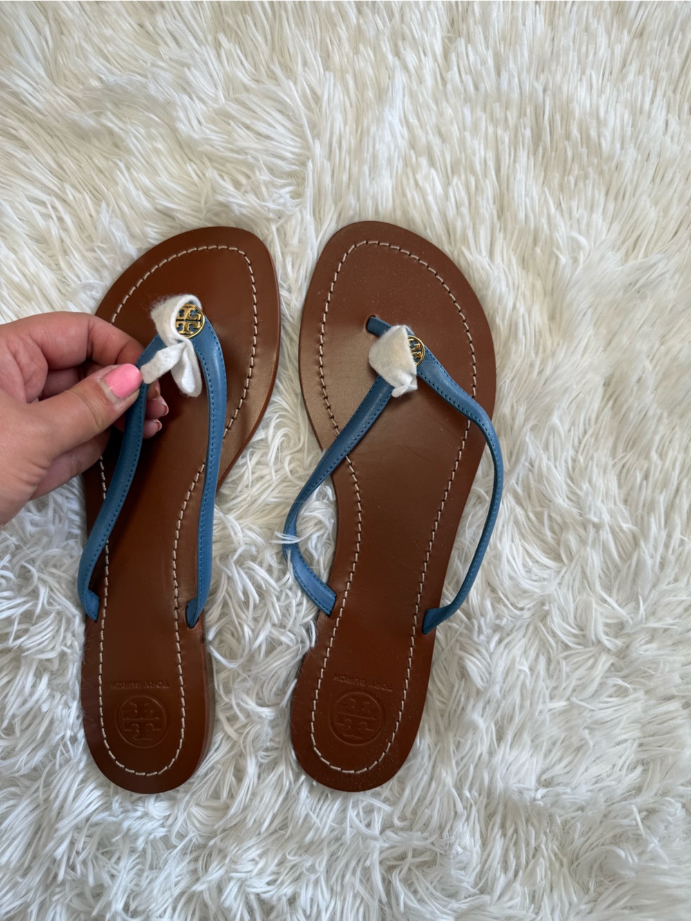 Tory Burch Blue Leather Logo Thong Sandals